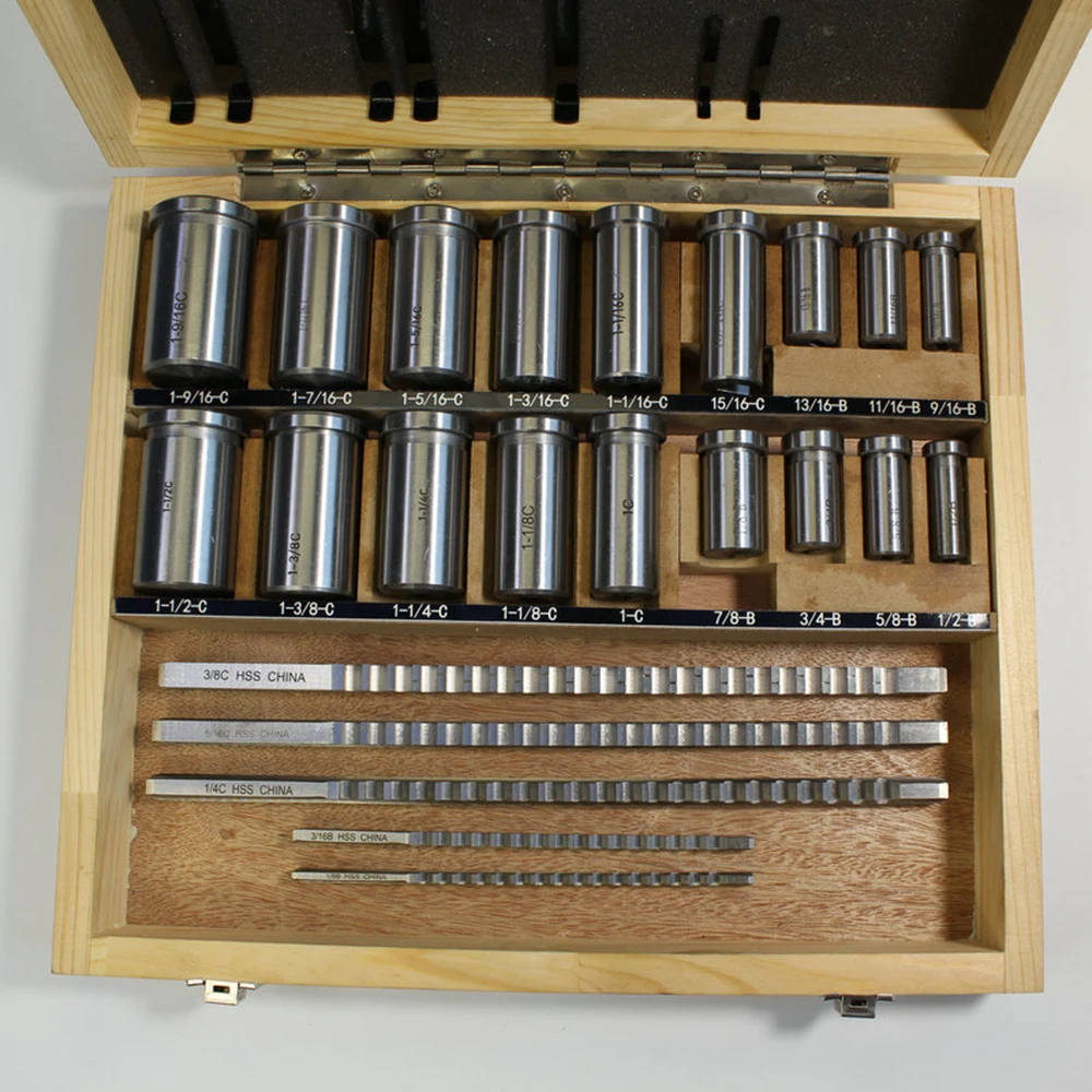 30pcs Keyway Broach Set Inch Sized 5pcs Broaches 1/2''-1-1/2'' 18pcs Bushings and 7pcs Shims HSS Keyway Tool for CNC Machine New