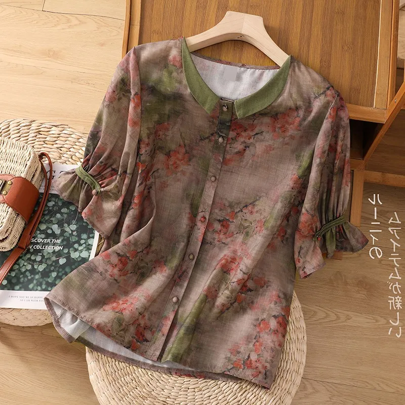 

Женская летняя повседневная рубашка, Новое поступление 2024, винтажный стиль, цветочный принт, свободные тонкие женские топы с коротким рукавом, рубашки B3627