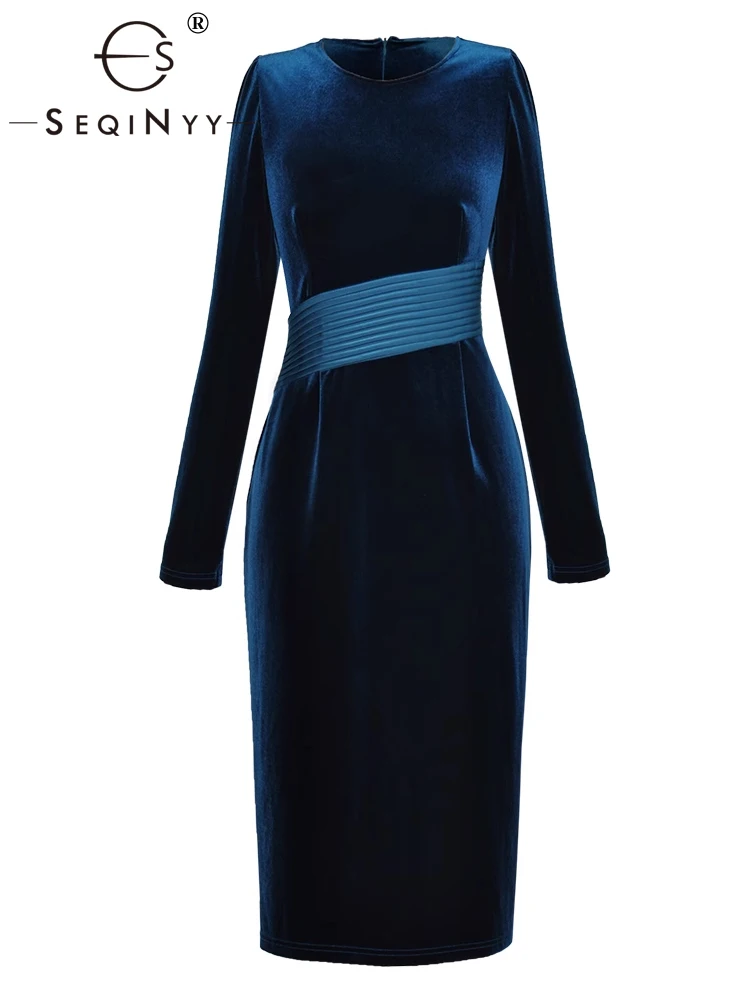 

SEQINYY Slim Midi Dress Spring Autumn New Fashion Design Women Runway Velvet Elegant Velvet Office Lady Casual