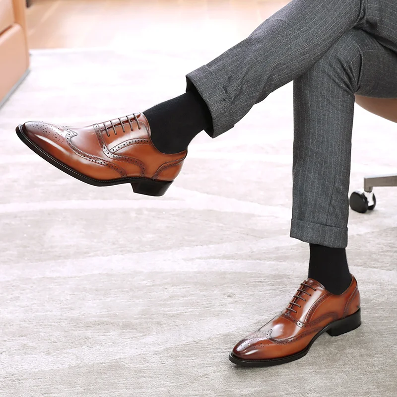 Desai Block Men's Shoes With Elevated Height Inside Business Dress Leather Shoes Men's Pointed Carved British Groom Shoe