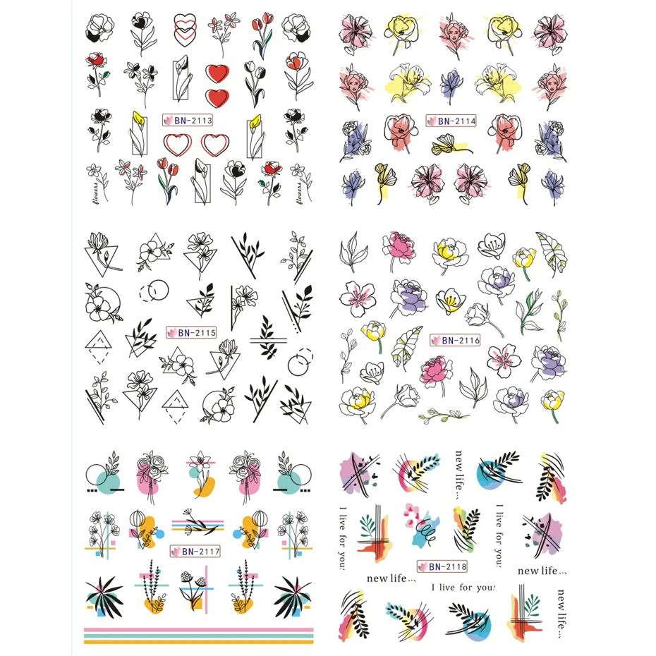 Nail Stickers 12pcs Geometry Flower Leaf Line Graffiti Painted Colorful Water Decal Link Blooming Slider for Nail Decoration