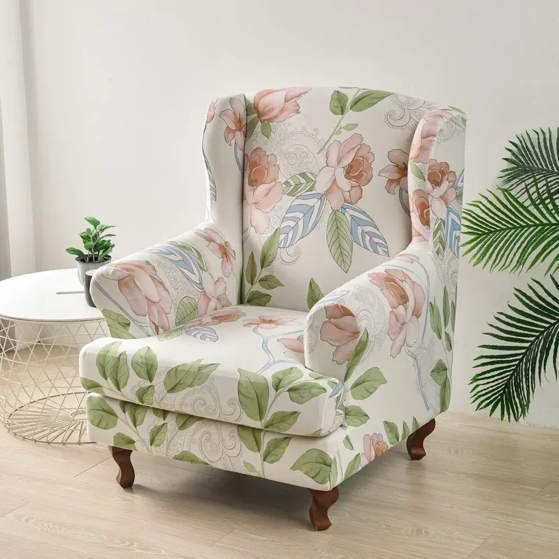 Elastic Wing Chair Covers Floral Print Stretch Wing Back Slipcovers Spandex Relax Removable Sofa Cover with Seat Cushion Cover