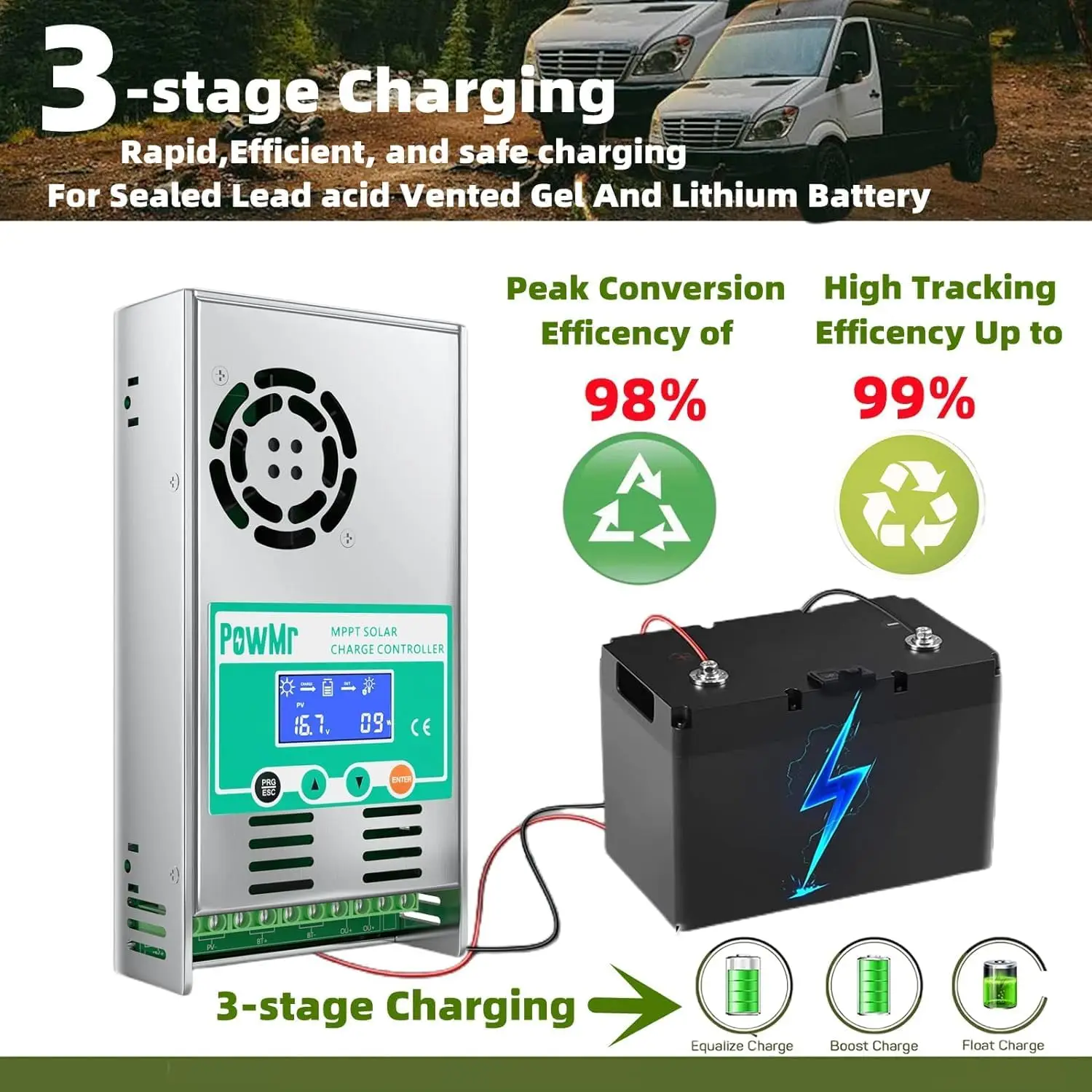 Solar Charger Solar Battery Charge Controller PowMr 60A MPPT Solar Charge Controller 12V 24V 36V 48V