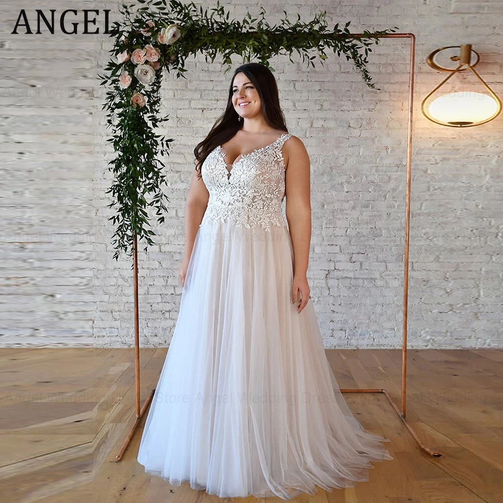 

ANGEL Appliques Plus Size Wedding Dresses Gowns V Neck Lace Backless Bridal Dress Tulle vestido noiva bohème Custom Made