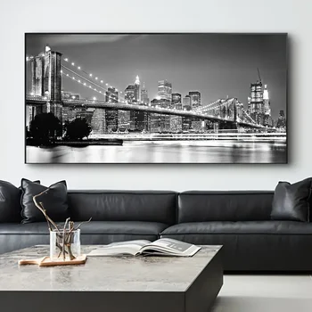 1 pezzo di pittura su tela luminosa del ponte di Brooklyn, scena notturna nera, poster con immagini, adatto per soggiorno e camera da letto Wall Art D
