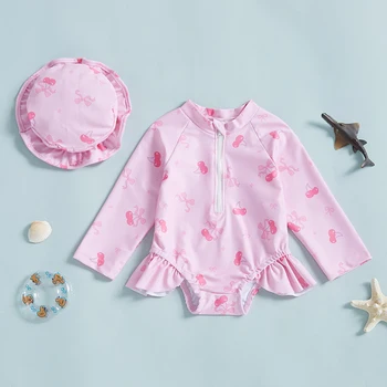 Costumi da bagno per bambina Rash Guard per bambina con cappello Set da 2 pezzi con motivo a fiocco Zip Up Manica lunga Girocollo Costumi da bagno per bambina 1