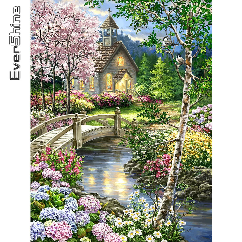 diamond painting diamond painting accessories EverShine 5D Diamond Embroidery House Rhinestone Kit Diamond Painting Tree Cross Stitch Scenery Spring Decoration