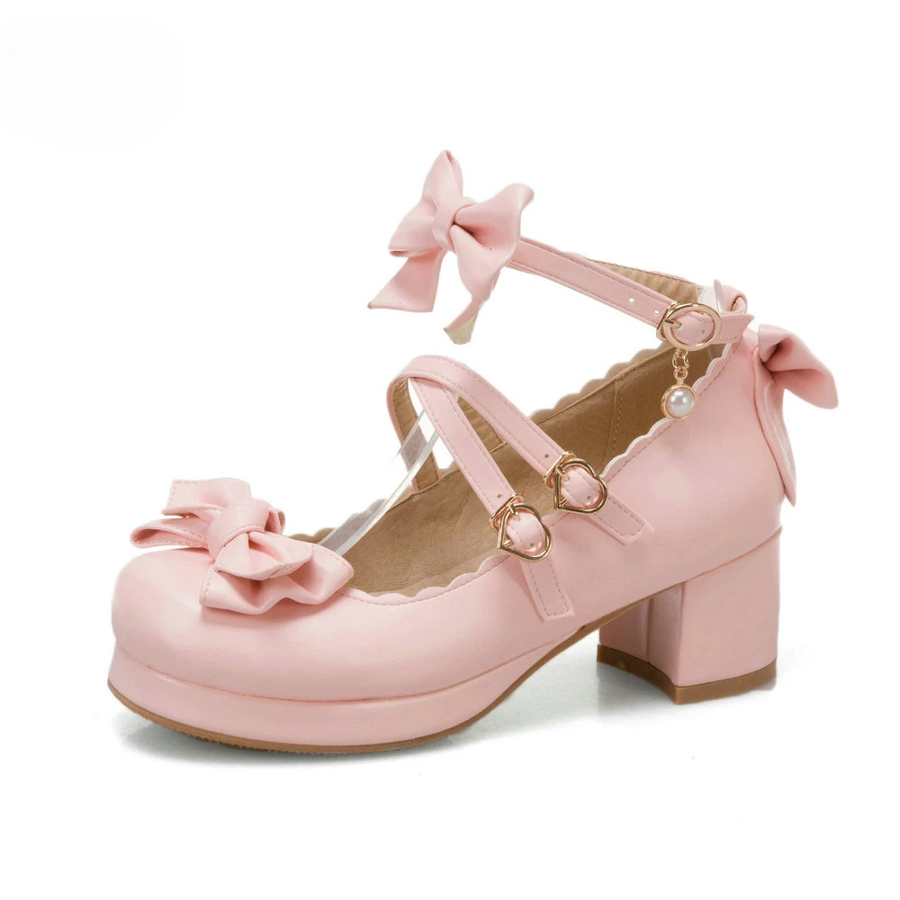 

Sweet Bow Buckle Strap Mary Jane Shoes Woman Solid Color High Heel Platform Pumps Women Pink Lolita Ladies Colsplay Party Shoes