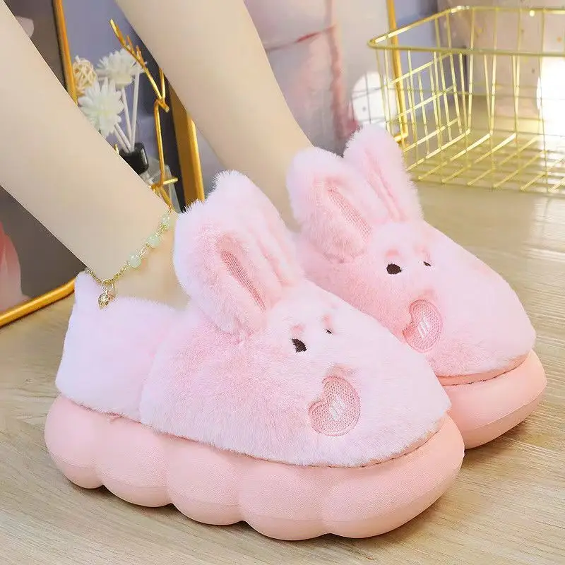 Fashion Girls Kawaii Bunny Slippers with Ears High Platform Small Girl Increaing Height shoes Indoor Short Plush Warm Slippers 4