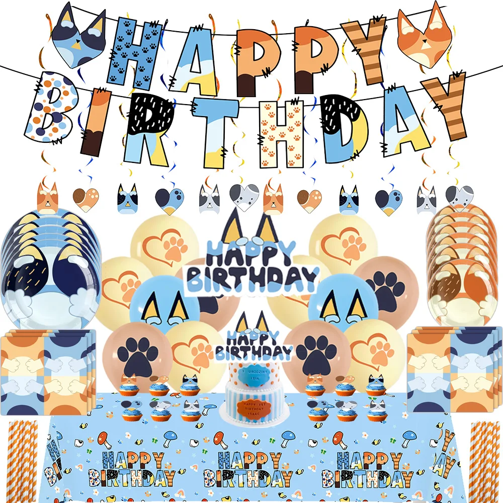 

Cartoon High Quality Dog Bingo Theme Blue Dog Birthday Party Supplies Tableware Balloons Baby Shower Children Candy Bags