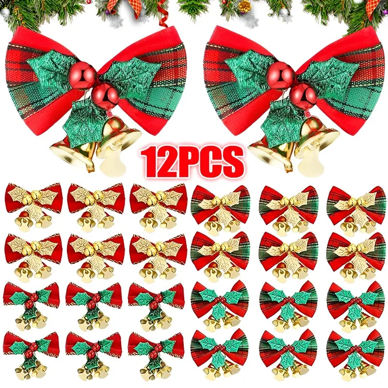 Christmas Bow with Small Bell Xmas Tree Wreaths Hanging Pendant Mini Bowknot Ornament DIY Crafts Gift New Year Decorations