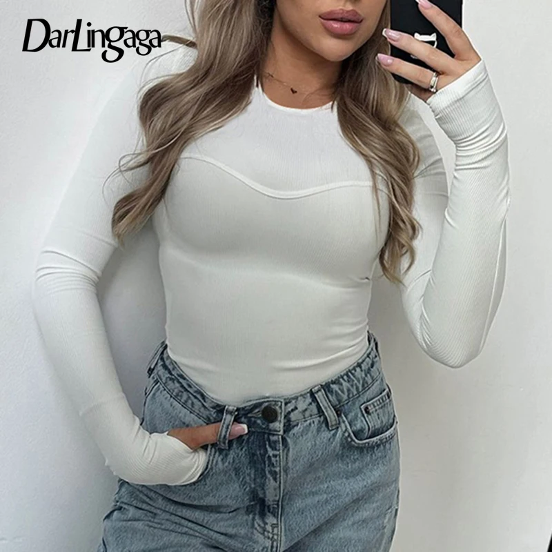 

Darlingaga Casual White Skinny Stitch Long Sleeve Women T shirts Solid Basic Crop Top O-Neck All-Match Fashion Korean Tee Shirts