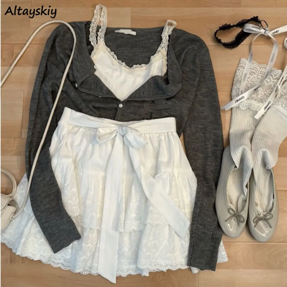 Camisola De Encaje De 3 Piezas Para Mujer, Camiseta Acanalada