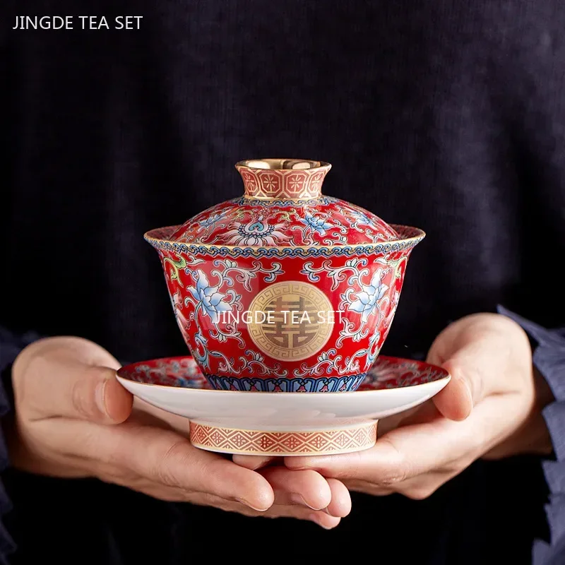 Chinese Wedding Tea Set Enamel Color Ceramic Gaiwan Handmade Beauty Teacup Teaware Gift Exquisite Portable Tea Bowl