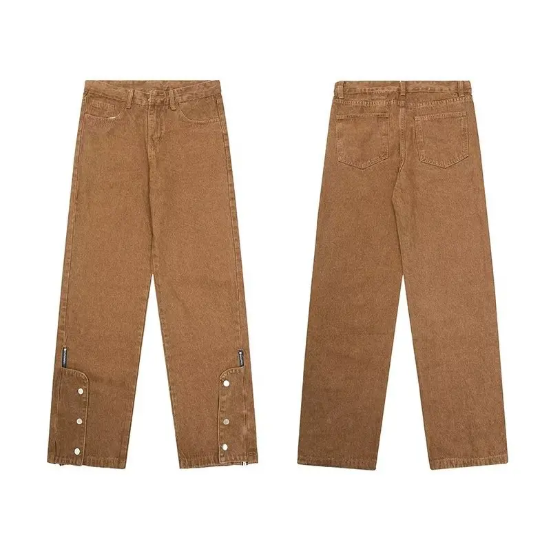 

High Street Brown Retro Washed Jeans Mens Trouser Hem Breasted Zipper Slit Straight Leg Denim Pants Unisex Loose Cotton Trousers
