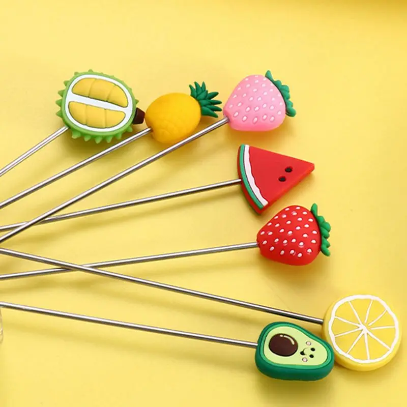 Stainless Steel Stir Bar Reusable Drinks Cocktail Stirrer with Silicone Fruit Decoration Mixing Rod for Home Kitchen Bar Party