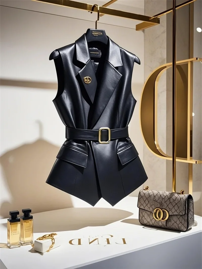 Description Picture 4 of itemLimiguyue Black Leather Vest Coat Women Fashion Belt Brooch Sleeveless Vest Jacket Spring Summer Layered Tank Tops High End 924P
