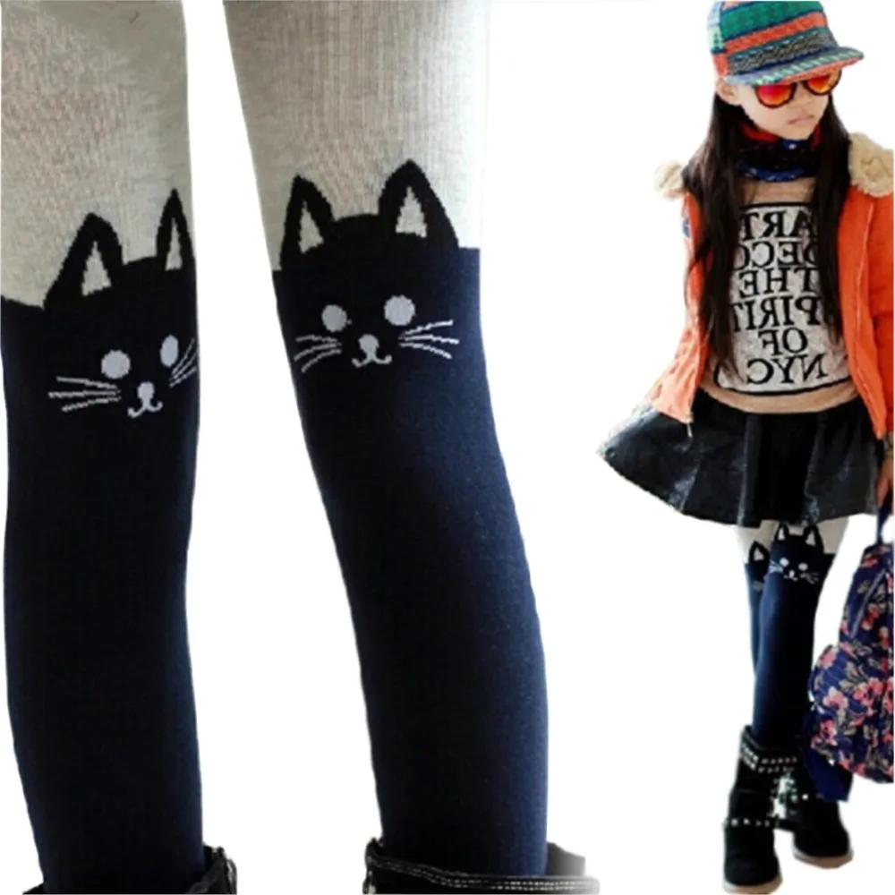 Spring Autumn Girls Cartoon Cat Patchwork Knitted Cotton Pantyhose
