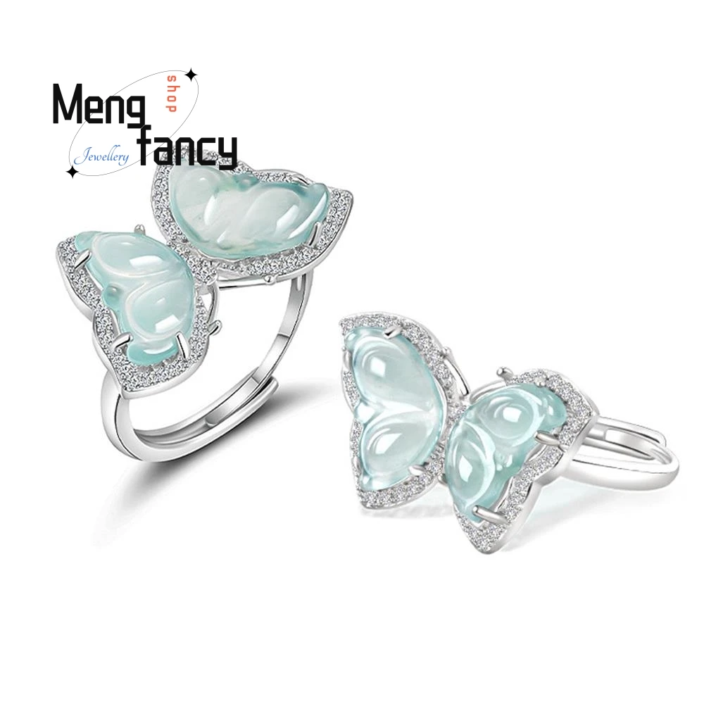 S925 stříbro vykládané originální přírodní a-goods jadeite modrá voda motýl led jadeit přívěsek prsten exquisite elegantní móda šperků