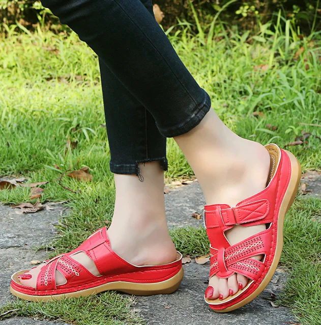 Women Casual Sandals Comfortable Soft Slippers Embroider   Flower Colorful Ethnic Flat Platform Open Toe Outdoor Beach Shoes B red