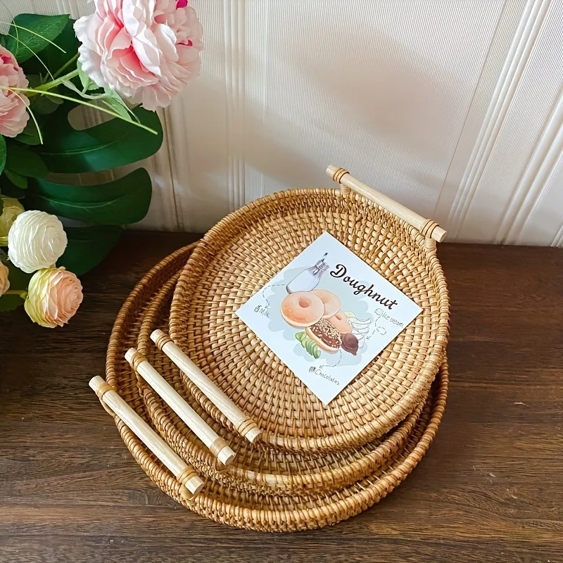 Hand-made Rattan Tray Rattan Woven Fruit Snack Basket Western Steak Order Tray Hot Insulated Kitchen Camping Homestayers