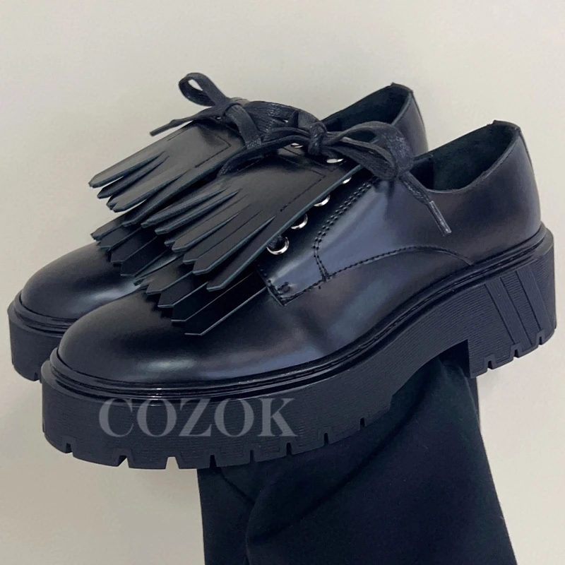 

Versatile Female Loafers Autumn New Tassel Design Real Leather Material Leisure Shoes Round Toe Thick Bottom Ladies Casual Shoes