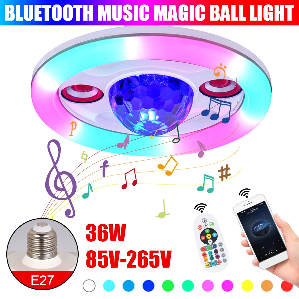 

Indoor Ceiling Lamp For Home Bedroom With Double Speakers Music Night Light 36W LED E27 Bluetooth Smart Bulb Remote Control