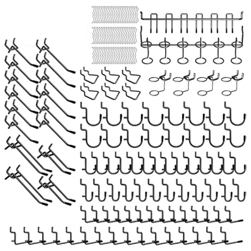 Pegboard Metal Peg Board Gancho Variedade com Bloqueio, Pegboard Ganchos Set, Peças, Acessórios para Parede da Garagem, 1 in, 4in, 176PCs