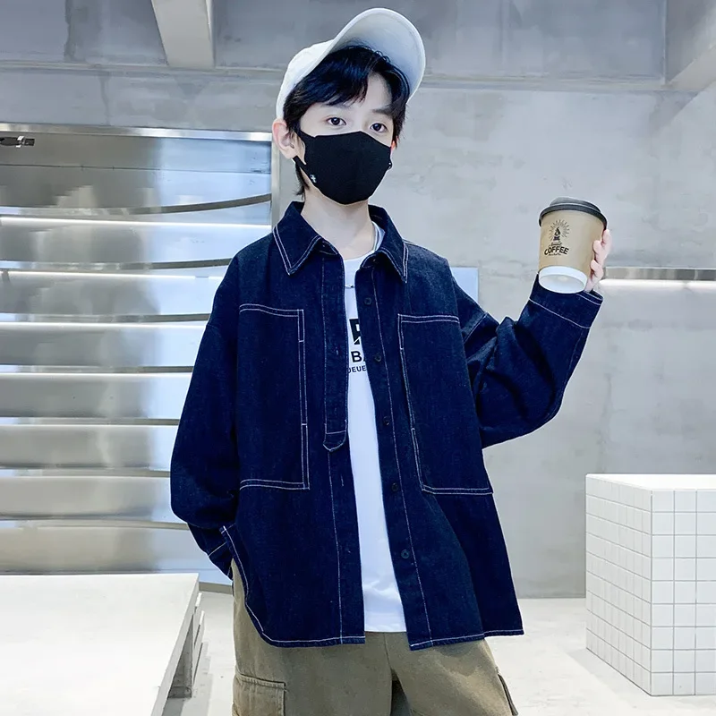 Spring Fashionable Boys' Denim Shirt Children's Outerwear Big Kids Trendy Street Style Spring Autumn Clothing for Boys