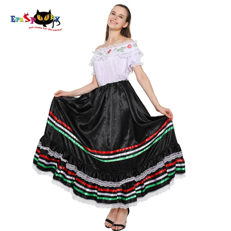 

Eraspooky Retro Western Sexy Senorita Costume Women Lace Bohemian Maxi Spainish Off Shoulder Dance Dress Carnival Party