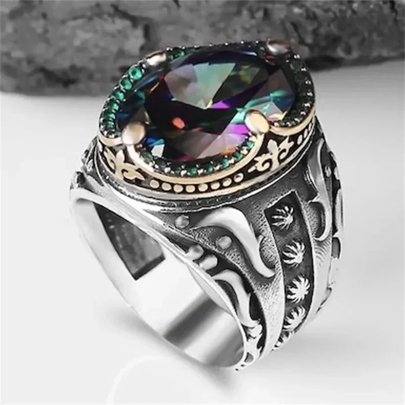 Signet Ring Vintage Handmade Turkish for Men Silver Color Carving Pattern Inlay Zircon Punk