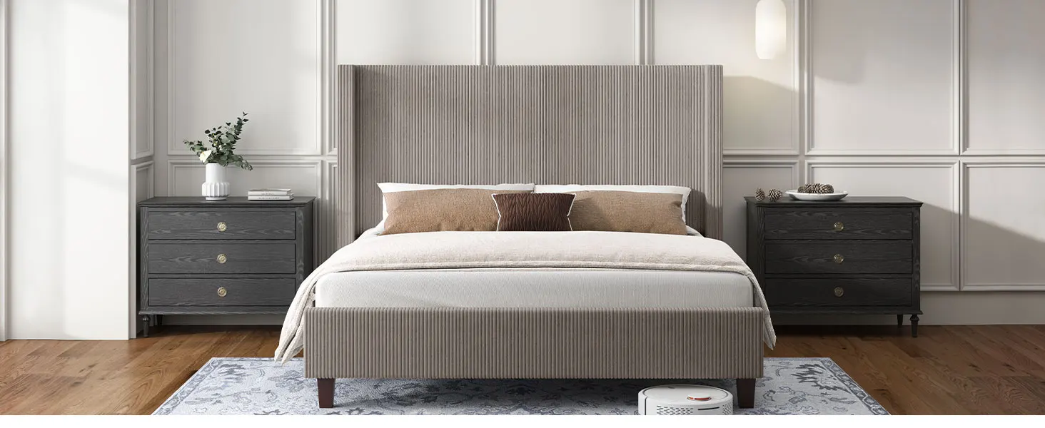 Description Picture 4 of itemHOWE Queen Size Upholstered Platform Frame,Wingback Bed with 50.8" Headboard,Corduroy/Solid Wood Leg/No Box Spring Needed/No
