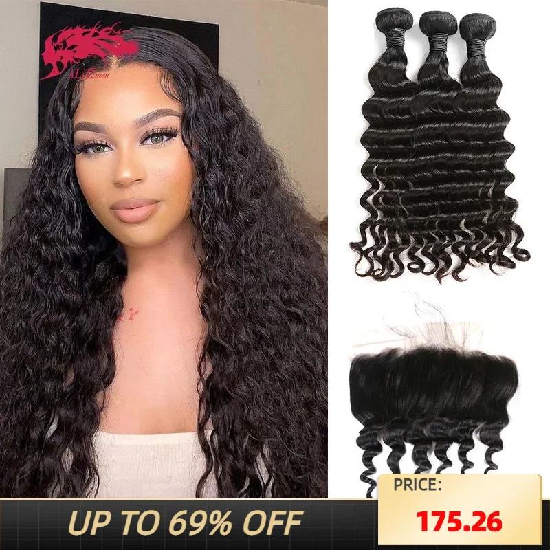 

Ali Queen Hair Natural Wave Hair Bundles Human Hair With Frontal 13x4 Peruvian Remy Hair Bundles With Closure Frontal Women Wigs