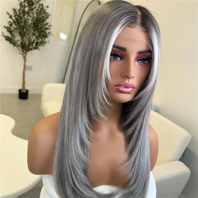 Natural Women Wigs Dark Gray Color with Small Thin Highlights Lace Front Wigs 13x4 Glueless Silky Straight Synthetic