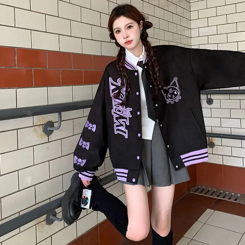 

Kawaii Sanrio Kuromi New Cartoon Women's Coat Spring Autumn American Style Retro Loose Slim Baseball Uniform Coat Casual Jacket
