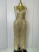 Shiny Gold Rhinestones Sequined Fringe Wide-leg jumpsuit 2025 Women Sexy Night Party Club Outfit Singer Stage Perform Costume