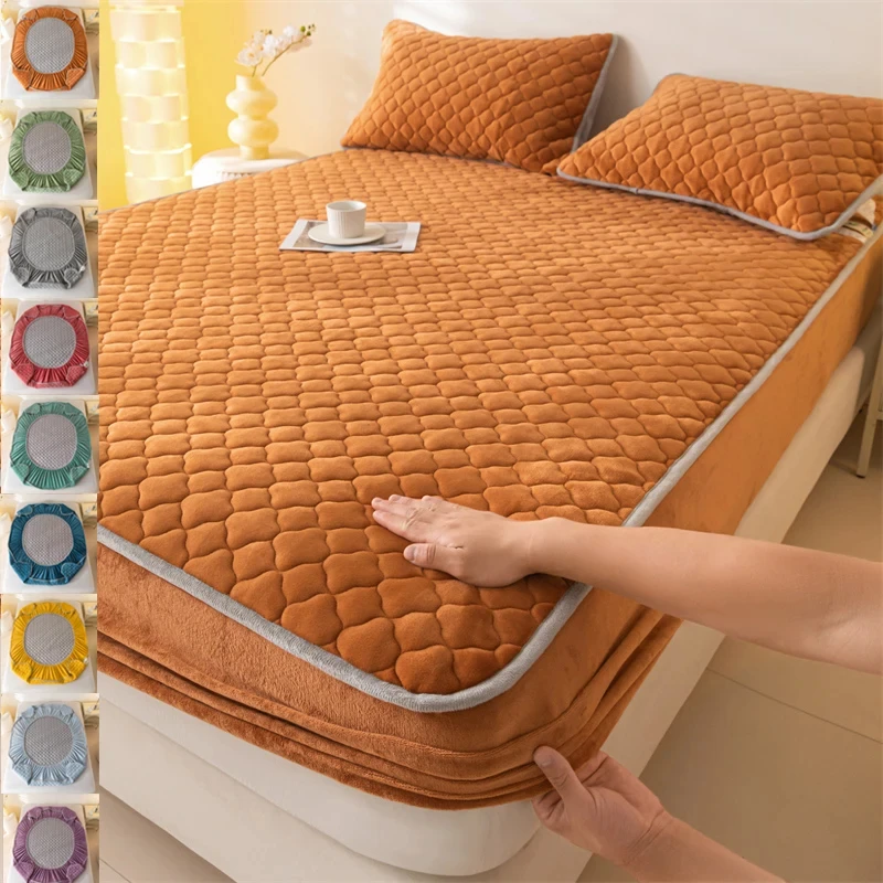 

Super Thick Fleece Warm Mattress Cover All-inclusive Fluffy Quilted Fitted Bed Sheet Solid Color Mattress Protector