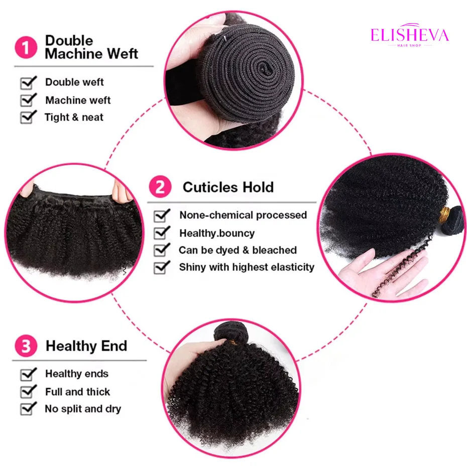 ELISHEVA Extension di Capelli Umani Indiani Grezzi, Confezione da 1/3/4 Fasci, Afro Kinky Curly, Nero Naturale/Nero Intenso, Remy Ondulati - immagine 4