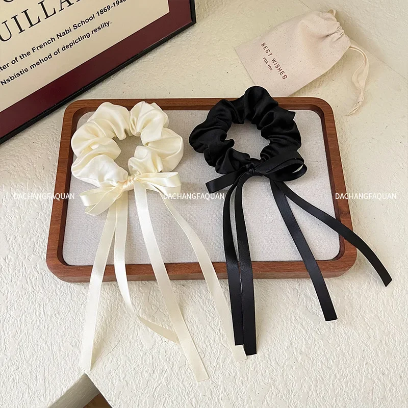 French Hairrope With Satin Ribbon Bow Scrunchies Ponytail Hair Scarf HairTie Elastic Hair Rubber Bands Hair Accessories