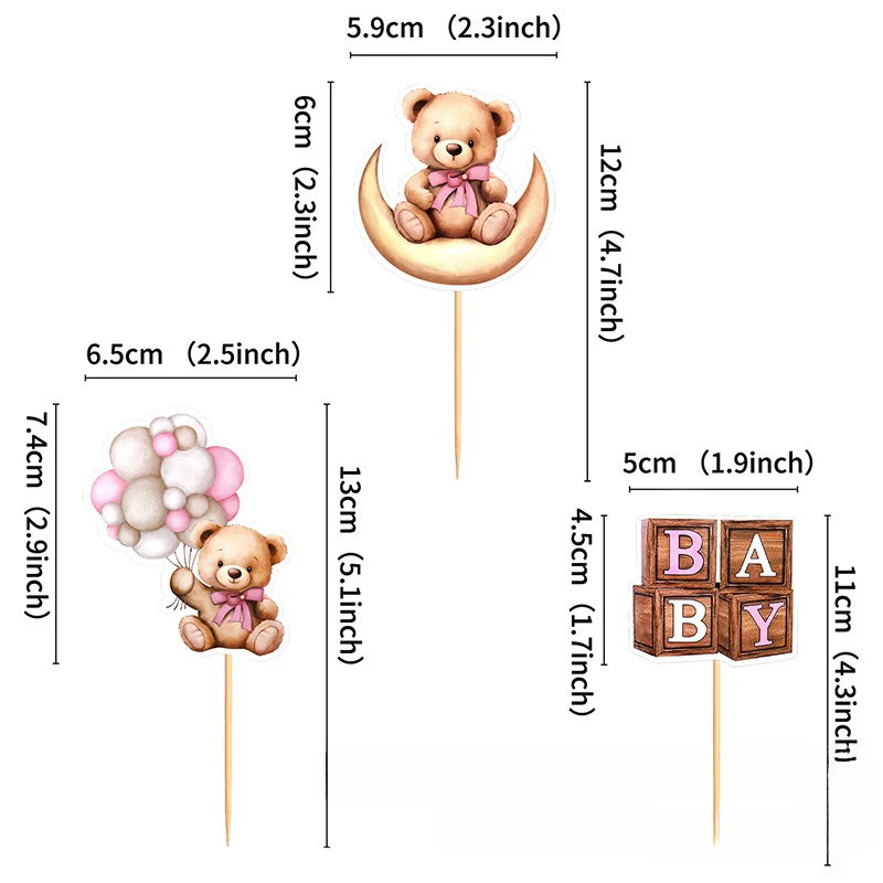 12/1pcs Pink Blue Balloon Bear Cupcake Toppers Baby Shower Supplies Gender Reveal Decor Boy Girl Birthday Party Cake Decor