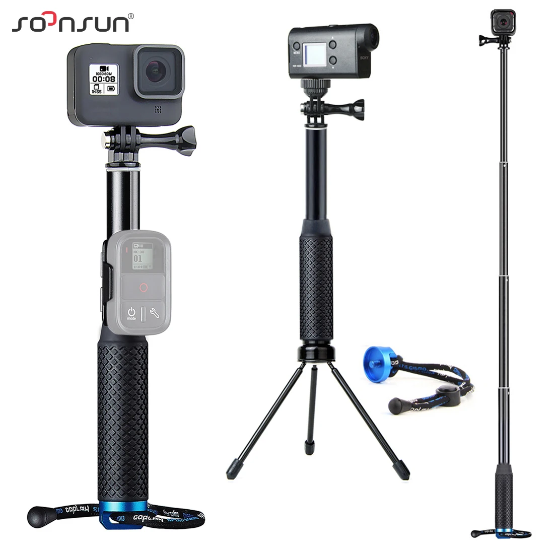 SOONSUN Aluminum Extendable Monopod Pole Selfie Stick GoPro Hero Insta360 SJCAM AKASO DJI Action Go Pro Hand Grip
