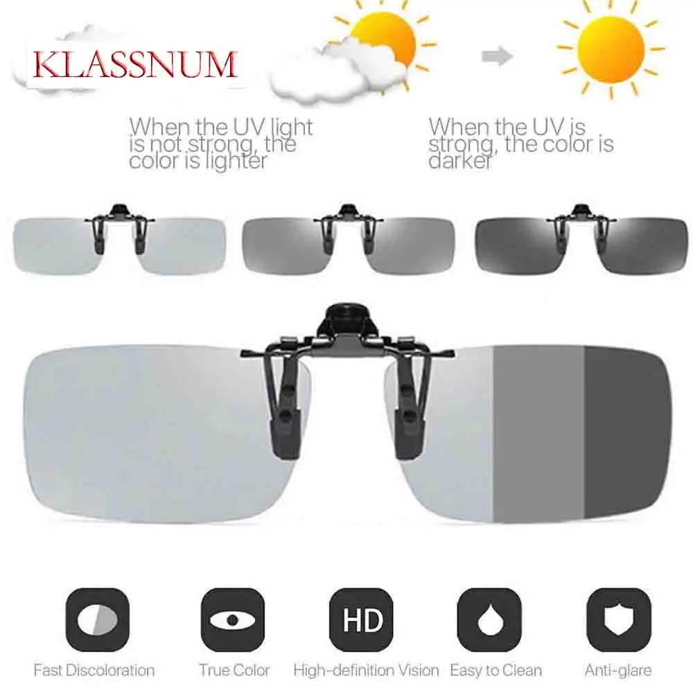 KLASSNUM Photochrome polarisierte Clip-on-Sonnenbrille für Herren, Tag und Nacht, Fahrbrille, schmale Chamäleon-Clip-Brille für Myopie