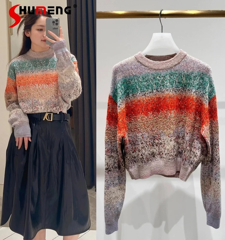 

Retro Contrast Color Knitwears Women's 2024 Spring New Round Neck Pullover Long Sleeve Short Sweater Women's Knitted Tops