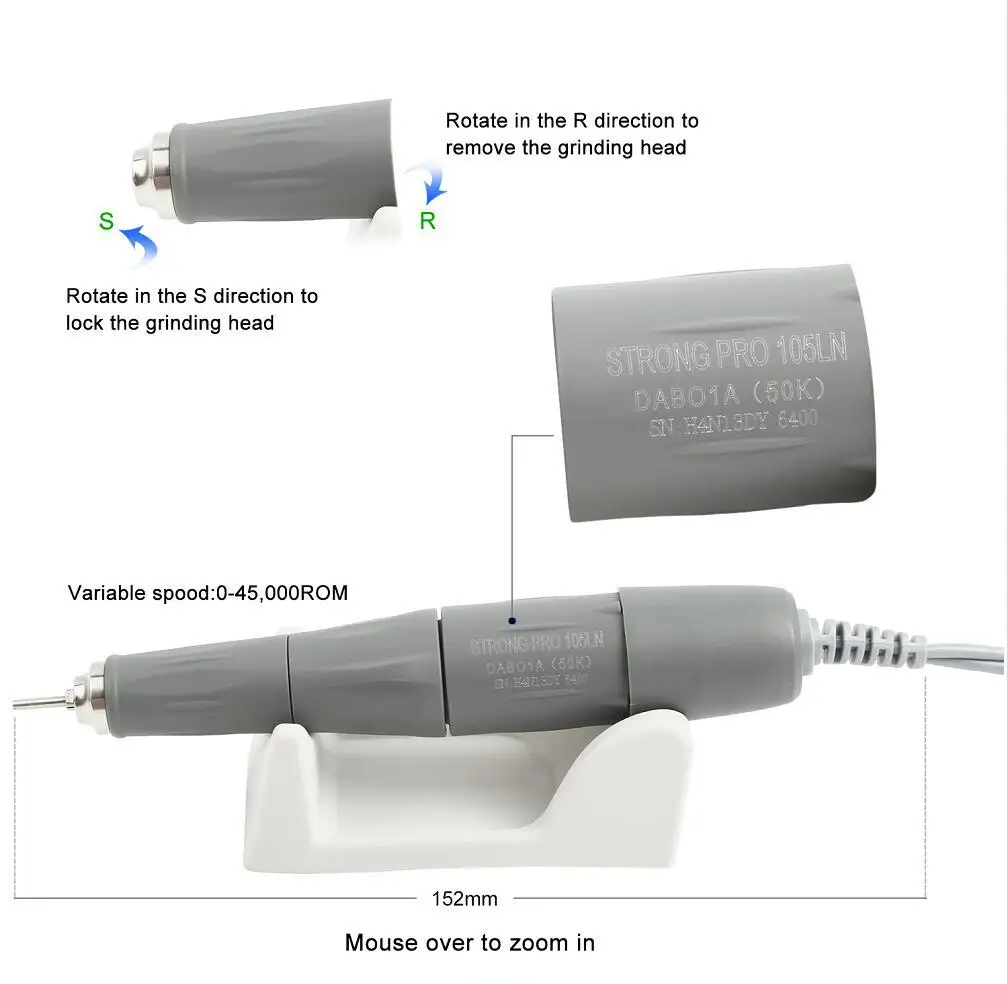 Description Picture 6 of item2021 New Arrival STRONG 210 PRO 105 105L Handpiece 65W 500000rpm Nail Drills Manicure Machine Pedicure Electric File Bits