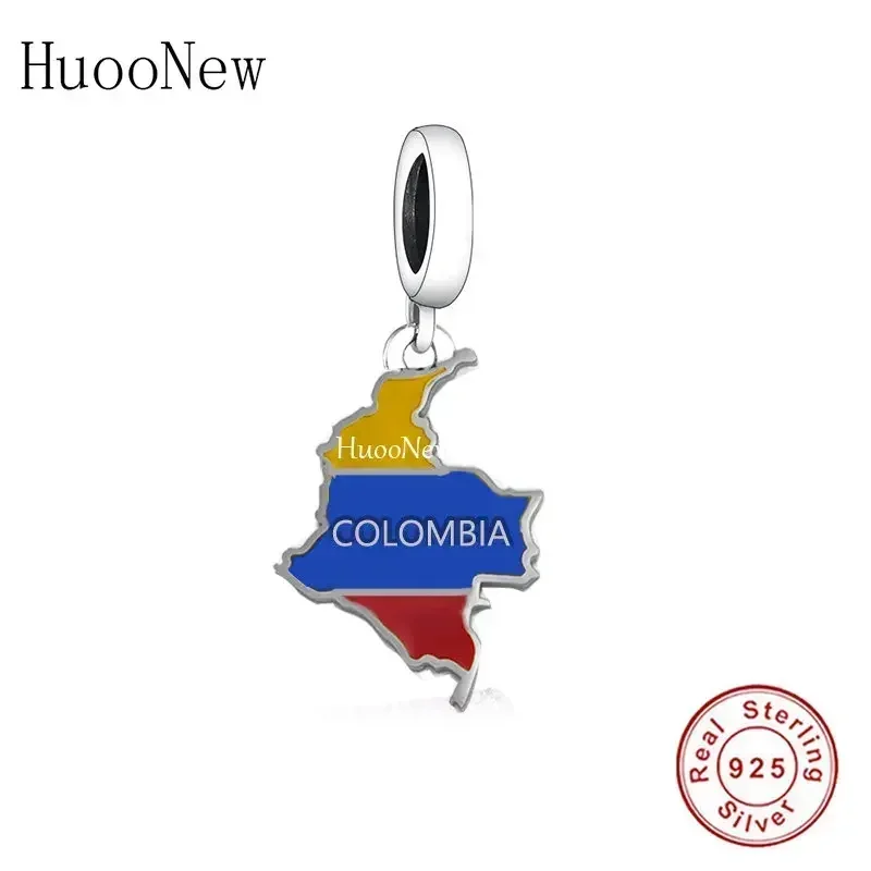 Real 925 Sterling Silver Fit Original Pan Charms Bracelet Color Enamel COLOMBIA Flag Map Bead For Making Women Berloque DIY 2
