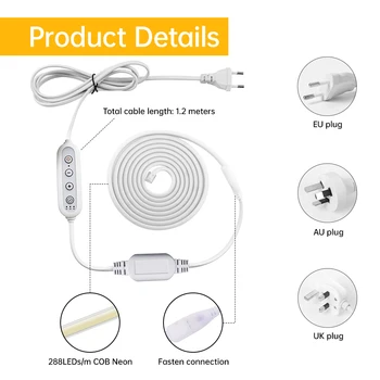 แถบไฟ LED COB แบบติดเอง 220V 288LEDs/เมตร กันน้ำ IP65 ความยาว 1-25 เมตร พร้อมสวิตช์ตั้งเวลาหรี่แสง ปลั๊ก EU/AU/UK สำหรับให้แสงสว่าง 2