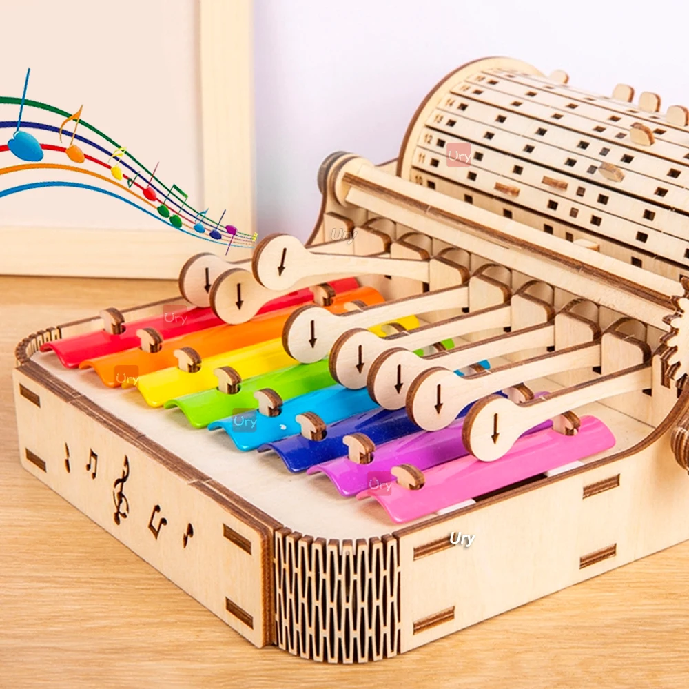 URY 3D Wooden Piano Hand Crank Xylophone Percussion Musical Instruments DIY Toy Rhythm Device Model for Children Christams Gift 5