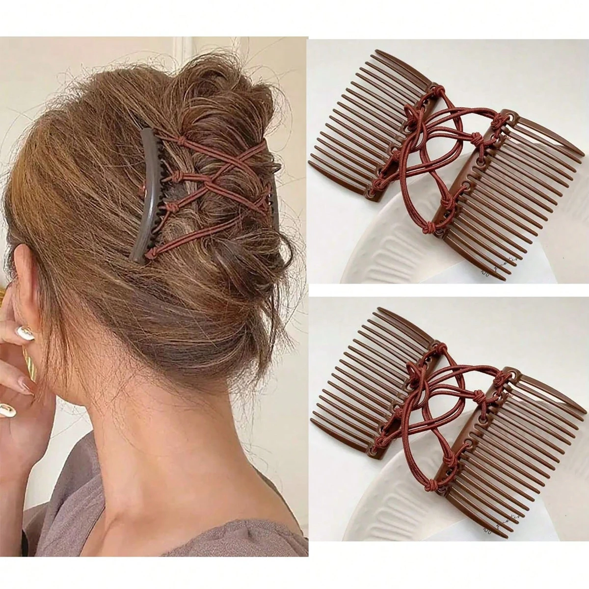 2-teilige modische und elegante Zauberkämme, geeignet für Damenaccessoires, verstellbare elastische Doppelkamm-Haarspangen, geeignet für dickes, lockiges und dünnes Haar, verstellbare magische Haarspangenkämme – Detail 4