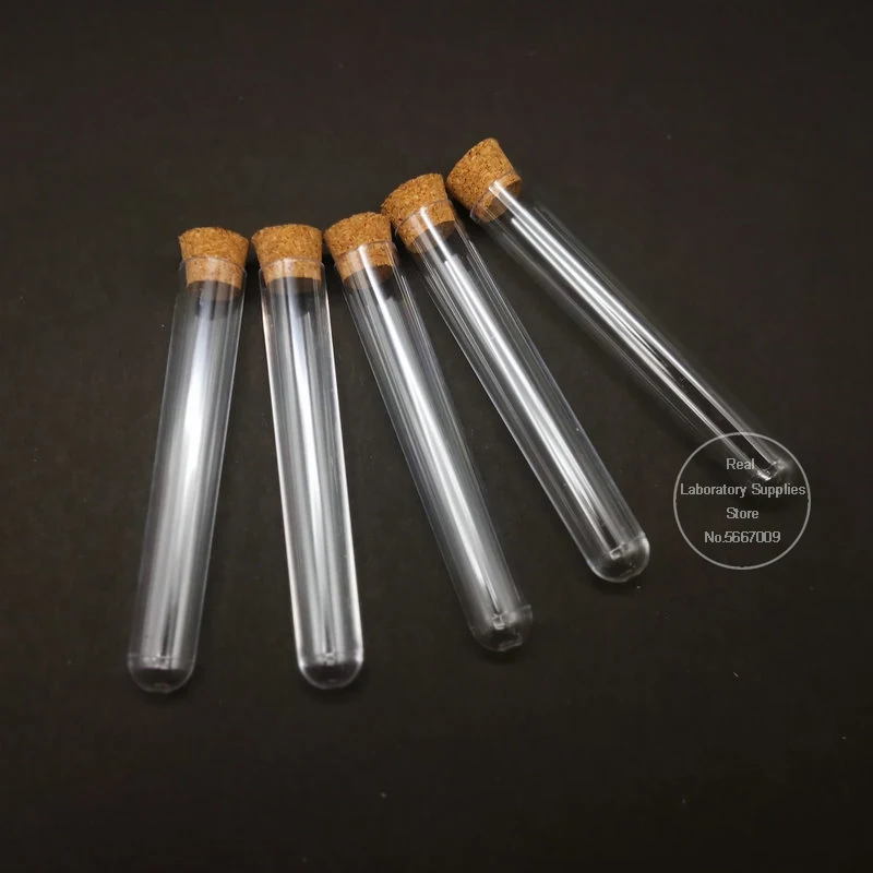 100pcs 15x100mm 실험실 투명 플라스틱 테스트 튜브, 코르크, 결혼식 호의 선물 바이알 실험실 학교 실험