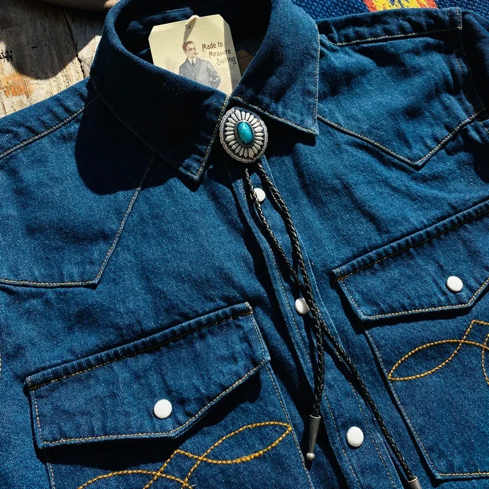 Tailor Brando American Retro Heavyweight Long Sleeve Shirt Classic Pocket Flower Jewel Button Western Denim Men's Slim Fit Shirt